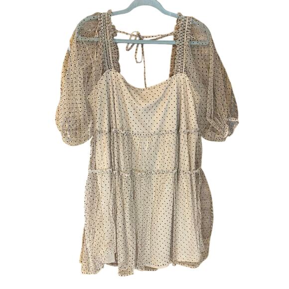 Arula X Swiss Dot Mesh Puff Sleeve Tiered Mini Dress Nude Black Polka Dot XL 14 - Picture 2 of 9
